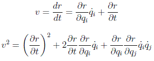 $v=\frac{dr}{dt}=\frac{\partial{r}}{\partial{q_i}}\dot{q}_i+\frac{\partial r}{\partial t}$
