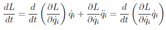 $\frac{dL}{dt}=\frac{d}{dt}\left(\frac{\partial L}{\partial \dot{q}_i}\right)\dot{q}_i+\frac{\partial L}{\partial \dot{q}_i}\ddot{q}_i=\frac{d}{dt}\left(\frac{\partial L}{\partial \dot{q}_i}\dot{q}_i\right)$
