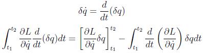 \int _{t_1}^{t_2}\frac{\partial L}{\partial \dot{q}}\frac{d}{dt}(\delta q)dt=\left[\frac{\partial L}{\partial \dot{q}}\delta q\right] _{t_1} ^{t_2}-\int _{t_1}^{t_2}\frac{d}{dt}\left(\frac{\partial L}{\partial \dot{q}}\right)\delta q dt